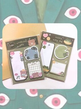 🎉 Set of 2 Kawaii Green Frog & Bear Sticky Note Set Stationery Bundle
